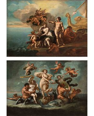 Scuola napoletana del XVII-XVIII secolo, coppia di scene mitologiche