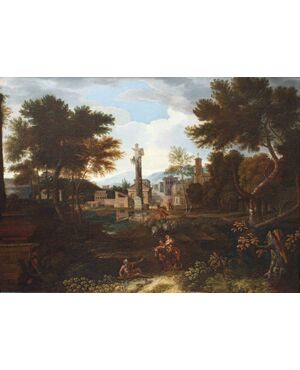 Pittore francese a Roma, XVII secolo,  Paesaggio con Fuga in Egitto