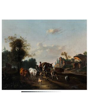 Scuola fiamminga del XVII secolo “Paesaggio con pastori e rovine”