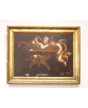 Dipinto Olio su tela italiano del 1600 raffigurante 3 angeli cherubini e le "tavole della Legge"