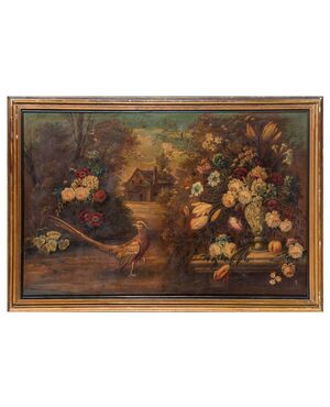 Anonimo dell'inizio del XX secolo, "Natura morta con vaso di fiori, un fagiano e cascinale sullo sfondo"
