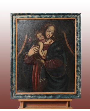 Dipinto Madonna con Bambino Gesù del 1600 Olio su tela italiano con cornice marmorizzata
