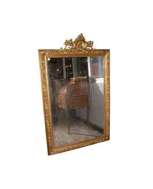 Grande specchiera francese dorata foglia oro del 1800 stile Luigi XVI con cimasa 