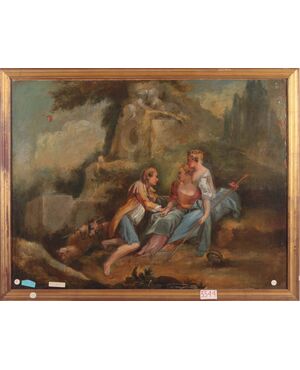 Dipinto olio su tela francese del 1800 raffigurante scena galante 