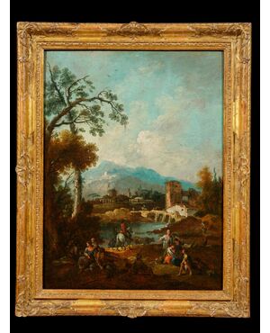 Giuseppe Zais (Forno di Canale  1709 – Treviso,  1784) - Coppia di paesaggi con personaggi e rovine