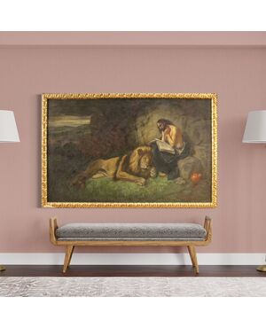 Italian religious painting with frame Saint Jerome with lion 