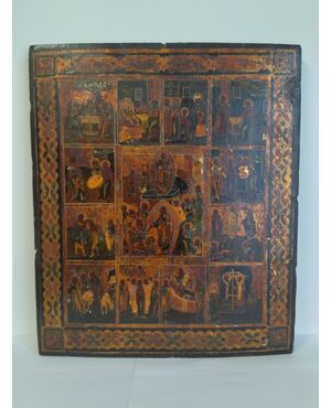 Grande icona antica russa "dodici feste" - epoca 800 - 44 cm x 38 cm!