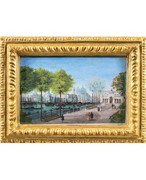Pittore veneziano (inizio XIX sec.) - Venezia, veduta dei giardini con la Coffee House verso la Basilica di S. M. della Salute.