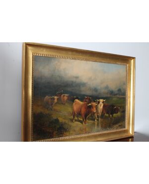 Antico Dipinto paesaggio con mucche Olio Su tela Gibb  Thomas Henry 1887. Mi 106 x 76 