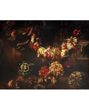 Natura morta con festone di fiori e frutta, Aniello Ascione (Napoli, notizie dal 1680 al 1708)