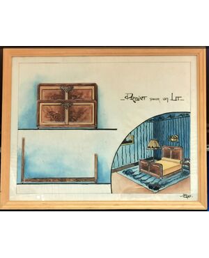 Tempera originale su carta  - Progetto di camera letto anni '20 / '30 - Francia - Firmato  cm 40 x 50