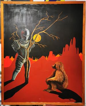 "PENSANDO ALL'UOMO" Olio su Tela del 1977 - 127 x 157  - Un babbuino e una armatura vuota. Opera di Paolo Fergnani, artista ferrarese, ora scomparso.