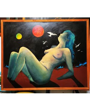 Opera di Paolo Fergnani, artista ferrarese, ora scomparso. "ULTIMO SOLE" Olio su Tela del 1977 - 127 x 158 Una donna nuda, icona di un mondo che fu, affonda nel colore e nella nebbia.