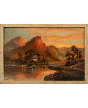 William Langton (British, XIX sec.) - Lago al tramonto.