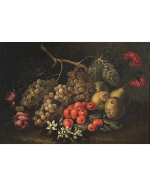 NATURA MORTA DI UVA E PERE, GAROFANI, FIORI D'ARANCIO E ROSE  Giuseppe Vicenzino Volò (Milano 1662 – notizie sino al 1716) 