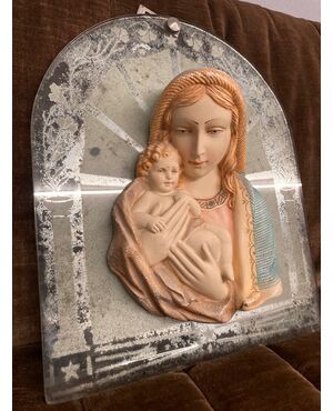 Madonna in ceramica anni 40 Toscana su base in vetro specchio