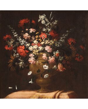 Grande dipinto del XVIII secolo natura morta con vaso fiorito 