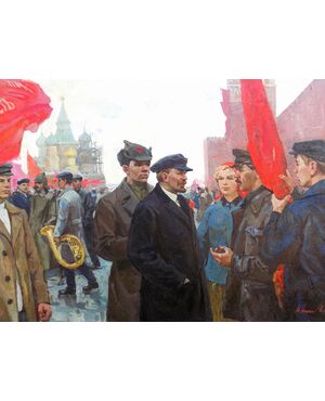 Nagai Oleksandr Grigorovich (1910-1969) , Lenin con proletari, cm 149x199, anno 1960, olio su tela.