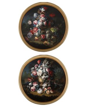 Michele Antonio Rapos (Torino 1733-1819), Coppia di dipinti raffiguranti Natura morta con trionfo di fiori e frutta, olio su tela