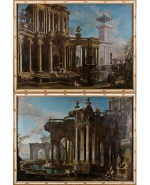 Francesco Aviani (Venezia, 25-11-1662 / 1715), Coppia di dipinti raffiguranti Capricci Architettonici, olio su tela