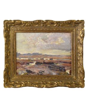 QUADRI ANTICHI, QUADRI MARE, MARINA CON VILLAGGIO, OLIO SU TAVOLA, XIX.  (QM567)