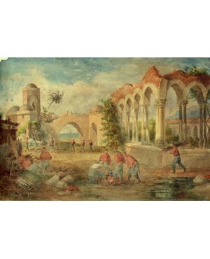 Acquarello su carta XIXsec.Campo militare garibaldino (Naxos ?)