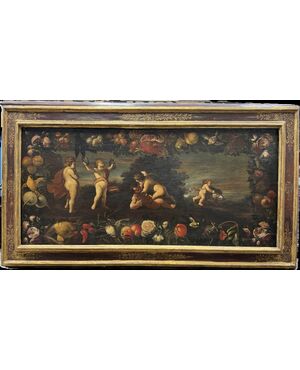 Allegoria gioco di putti con ghirlanda di fiori e frutta