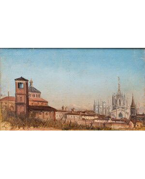 Luigi Bisi (1814-1886), Veduta di Milano con il Duomo e la Chiesa di San Celso