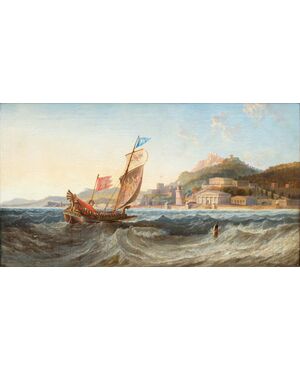 James Wilson Carmichael (1800-1868), Trireme presso il porto di un'acropoli con parata   