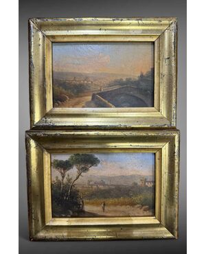 Pair of small paintings "View of Florence" and "View of Pisa" - 19th Century