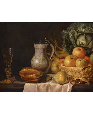 Natura morta con frutta, verdura e calice di cristallo, Hubert van Ravesteyn (Dordrecht 1638-1683) bottega/cerchia