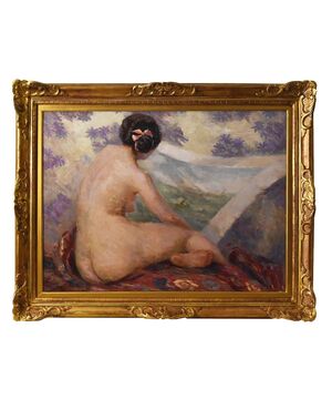 DIPINTI NUDITA' FEMMINILE, ART DECO, QUADRI DI NUDI DI DONNA CON FIOCCO ROSA, DEL 1900. (QN554)
