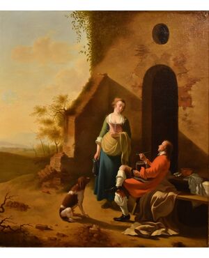 Scena galante all’ingresso di una locanda, Jan Vermeer d'Utrecht (Schoonhoven, vers 1630 - 1692) seguace