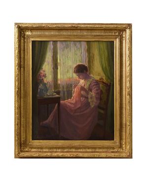 QUADRI ANTICHI, RITRATTI DI DONNA CHE CUCE DAVANTI LA FINESTRA, METÀ DEL NOVECENTO. (QR576)