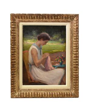 QUADRI ANTICHI, RITRATTI DI DONNA CHE CUCE IN GIARDINO, METÀ DEL NOVECENTO. (QR577)