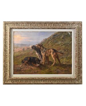 QUADRO ANTICO DI CANI PASTORI, MARIE CALVES,  DIPINTI DI CANI, XX SECOLO. (QA585)