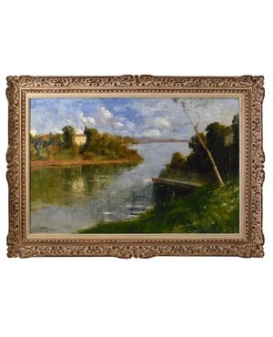 QUADRO ANTICO PAESAGGIO, OLIO SU TELA, PAESAGGIO CON FIUME, XX SECOLO. (QP586)