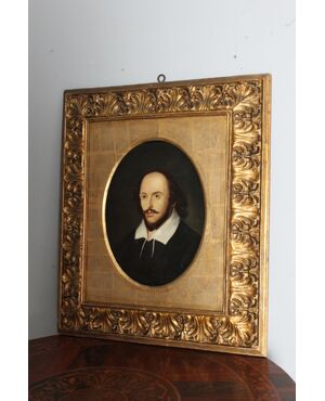 Antico Dipinto olio su tela Shakespeare in Cornice cartapesta e foglia oro . Mis 85 x 73