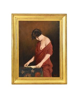 DIPINTI ANTICHI, RITRATTI DI DONNA CHE LEGGE CON SENO SCOPERTO, OLIO SU TELA, FINE DELL 800.  (QR589)