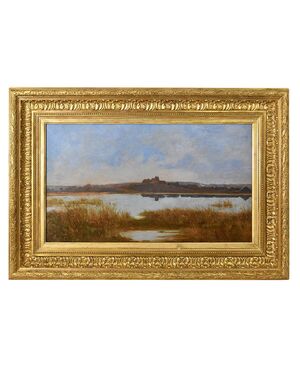 DIPINTI ANTICHI PAESAGGI, PAESAGGIO CON FIUME E VILLAGGIO, OLIO SU TELA, XIX SECOLO. (QP591)   