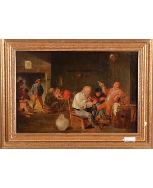 Olio su tela dipinto taverna con uomini inglese del 1800