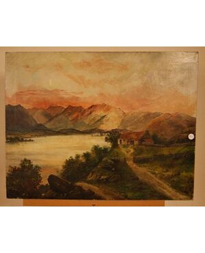 Antico quadro inglese del 1800 olio su tela raffigurante paesaggio campestre con lago e montagne 