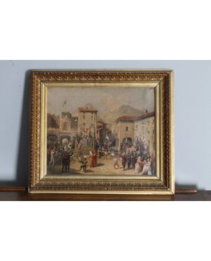 Antico dipinto Regno D’ Italia . La vittoria del Si Monarchia . Carlo  Ademollo Firenze 1870 Mis 42 x 35,50 