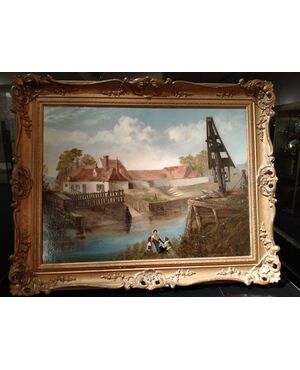 Olio su tela raffigurante del 1800 inglese raffigurante paesaggio fluviale con figure