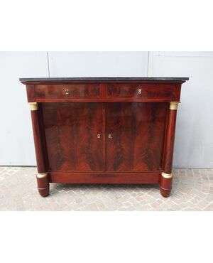 CREDENZA IN STILE IMPERO COLONNE PIENE IN PIUMA DI MOGANO RETAURATA FRANCIA  cm L 120xP55xH101    