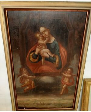 Dipinto del 1700 francese Olio su tavola "Madonna con bambino Gesù e cherubini" 