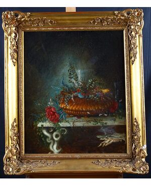 Antico quadro francese del 1800 olio su tela Vaso con fiori 