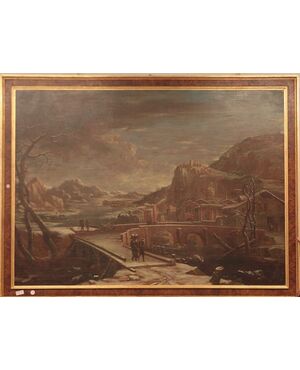 Antico grande quadro del 1600 olio su tela raffigurante cittadina in inverno con montagne