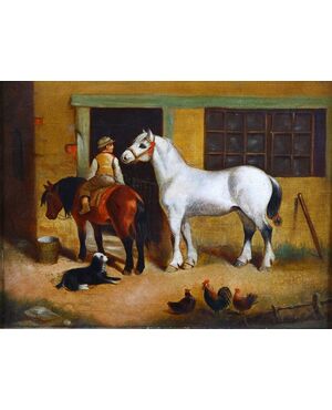 Antico quadro inglese del 1800 olio su tela "Bambino a cavallo"