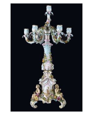 Candelabro a 7 fiamme in porcellana Meissen decorata